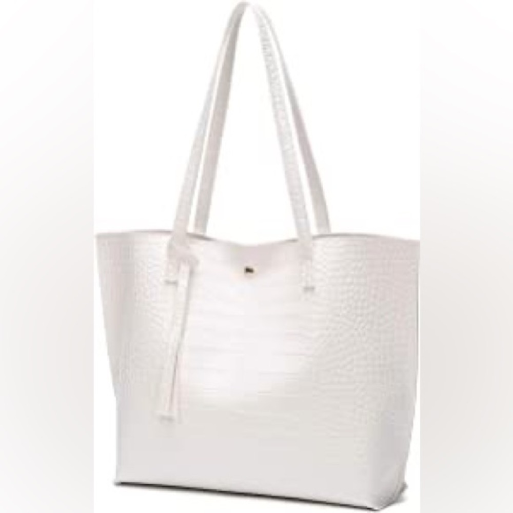 WHITE TEXTURED SOFT FAUX LEATHER TOTE SHOULDER BAG - Picture 1 of 6